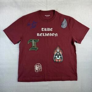 True Religion Patch Embroidered T-Shirt Mens XL Red Patchwork Chainstitch